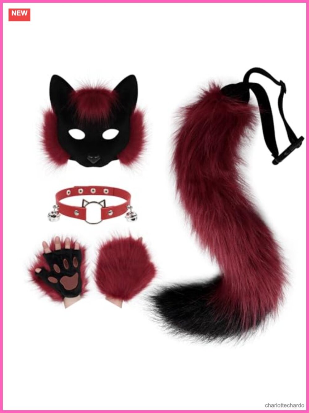 Faux Fur Half Face Mask Paw Gloves Wolf Fox Tail Leather Necklace Costume Set